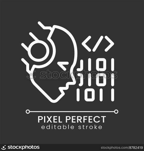 AI codes pixel perfect white linear icon for dark theme. Programmers help. Machine learning algorithm. Software technique. Thin line illustration. Isolated symbol for night mode. Editable stroke. AI codes pixel perfect white linear icon for dark theme