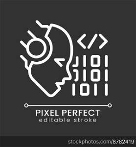 AI codes pixel perfect white linear icon for dark theme. Programmers help. Machine learning algorithm. Software technique. Thin line illustration. Isolated symbol for night mode. Editable stroke. AI codes pixel perfect white linear icon for dark theme
