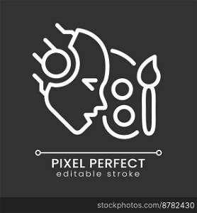 AI creates pixel perfect white linear icon for dark theme. Artificial intelligence artwork. Image producing. Machine learning. Thin line illustration. Isolated symbol for night mode. Editable stroke. AI creates pixel perfect white linear icon for dark theme