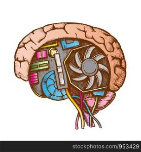 Ai Cyberntic Brain Side View Color Vector. Motherboard, Cooler And Computer Details In Form Of Human Brain. Artificial Intelligence Designed In Retro Style Illustration. Ai Cyberntic Brain Side View Color Vector