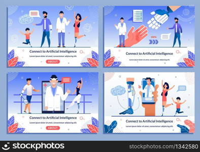 AI for Disabled Children and Adults Banner Set. Sportsman, Dancer, Kid, Young Woman and Man with Artificial Part of Body. Innovative Technologies for Rehabilitation after Injure. Vector Illustration. AI for Disabled Children and Adults Banner Set