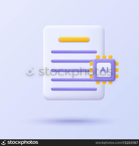 AI-generated document. 3D icon. Data with AI chip processor. Minimalist 3D icon design of Artificial intelligence technology and machine learning concept. Vector illustration.