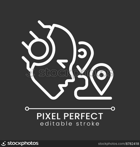 AI guides pixel perfect white linear icon for dark theme. Machine learning. Smart travel planner. Route optimization. Thin line illustration. Isolated symbol for night mode. Editable stroke. AI guides pixel perfect white linear icon for dark theme