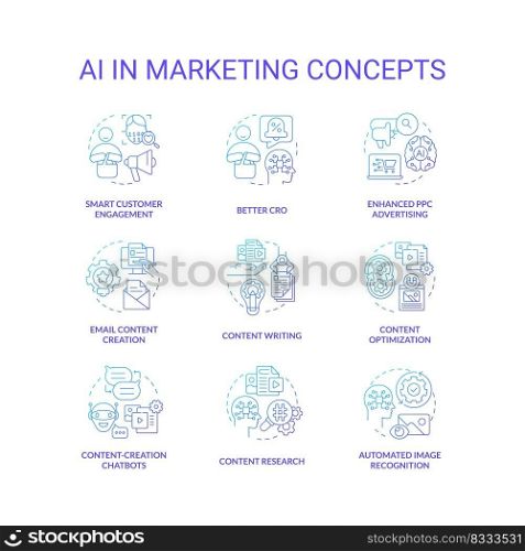 AI in marketing blue gradient concept icons set. Digital technology for business. Innovations idea thin line color illustrations. Isolated symbols. Roboto-Medium, Myriad Pro-Bold fonts used. AI in marketing blue gradient concept icons set