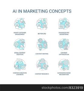 AI in marketing turquoise concept icons set. Digital technology for business idea thin line color illustrations. Isolated symbols. Editable stroke. Roboto-Medium, Myriad Pro-Bold fonts used. AI in marketing turquoise concept icons set