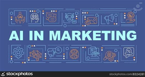 AI in marketing word concepts dark blue banner. Technology. Infographics with editable icons on color background. Isolated typography. Vector illustration with text. Arial-Black font used. AI in marketing word concepts dark blue banner