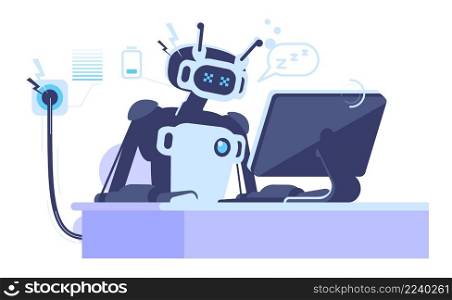 AI in workplace semi flat RGB color vector illustration. Robot employee charging break isolated cartoon character on white background. AI in workplace semi flat RGB color vector illustration