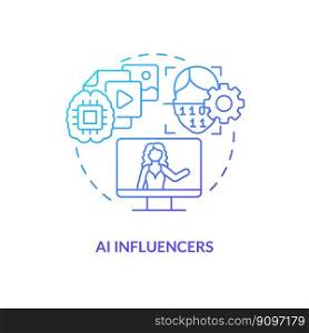 AI influencers blue gradient concept icon. Social media algorithm. Computer based media type abstract idea thin line illustration. Isolated outline drawing. Myriad Pro-Bold font used. AI influencers blue gradient concept icon