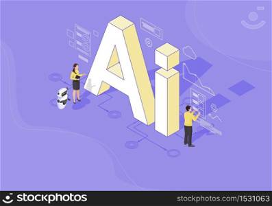 AI isometric color vector illustration. Artificial intelligence infographic. Client use chat bot. Website assistance. Teacherbot. Future marketing. Technical support. Webpage, mobile app 3d concept. AI isometric color vector illustration