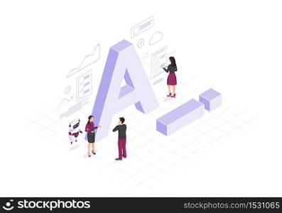 AI isometric color vector illustration. Artificial intelligence infographic. Client use chat bot. Website assistance. Teacherbot. Future marketing. Technical support. Webpage, mobile app 3d concept. AI isometric color vector illustration