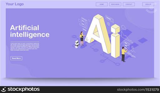 AI isometric web page vector template with isometric illustration. Artificial intelligence infographic. Website interface design. Client use chat bot. Technical support. Webpage, mobile app 3d concept. AI isometric web page vector template with isometric illustration