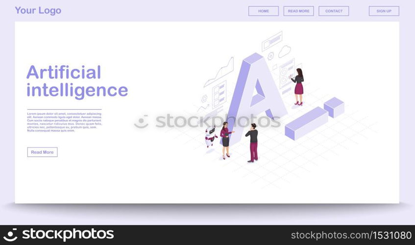 AI isometric web page vector template with isometric illustration. Artificial intelligence infographic. Website interface design. Client use chat bot. Technical support. Webpage, mobile app 3d concept. AI isometric web page vector template with isometric illustration