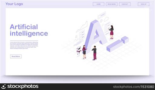AI isometric web page vector template with isometric illustration. Artificial intelligence infographic. Website interface design. Client use chat bot. Technical support. Webpage, mobile app 3d concept. AI isometric web page vector template with isometric illustration