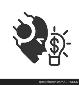 AI makes money black linear glyph icon. Machine learning in financial process. Algorithmic trading. Earn revenue. Negative space silhouette symbol. Solid pictogram. Vector isolated illustration. AI makes money black linear glyph icon