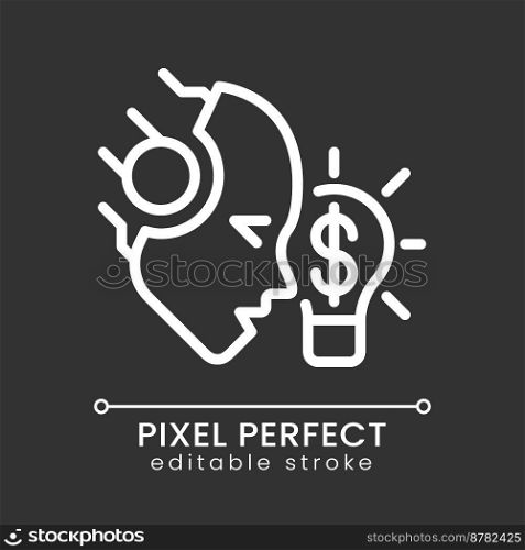 AI makes money pixel perfect white linear icon for dark theme. Machine learning in financial process. Algorithmic trading. Thin line illustration. Isolated symbol for night mode. Editable stroke. AI makes money pixel perfect white linear icon for dark theme