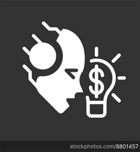 AI makes money white linear glyph icon for night mode. Algorithmic trading. Earn revenue. Negative space silhouette symbol on dark theme background. Solid pictogram. Vector isolated illustration. AI makes money white linear glyph icon for night mode
