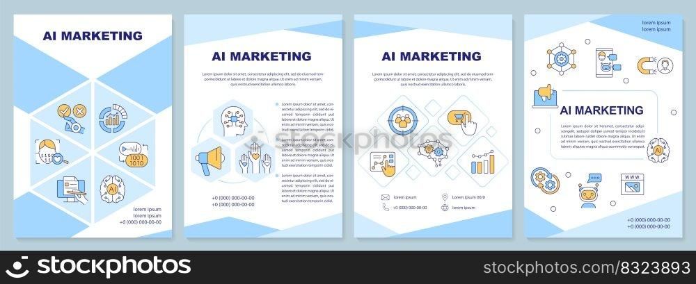 AI marketing blue brochure template. Business technology. Leaflet design with linear icons. Editable 4 vector layouts for presentation, annual reports. Arial-Black, Myriad Pro-Regular fonts used. AI marketing blue brochure template