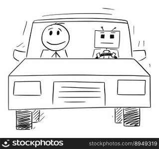 Ai or robot driving autonomous car , vector cartoon stick figure or character illustration.. Robot or Ai Driving Autonomous Car , Vector Cartoon Stick Figure Illustration