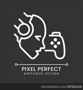 AI play games pixel perfect white linear icon for dark theme. Deep reinforcement learning. Artificial intelligence bot. Thin line illustration. Isolated symbol for night mode. Editable stroke. AI play games pixel perfect white linear icon for dark theme