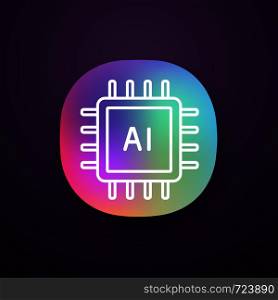 AI processor app icon. UI/UX interface. Microprocessor for artificial intelligence system. Microchip, chipset. CPU. Central processing unit. Computer, phone processor. Vector isolated illustration. AI processor app icon