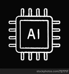 AI processor chalk icon. Microprocessor for artificial intelligence system. Microchip, chipset. CPU. Central processing unit. Computer, phone processor. Isolated vector chalkboard illustration. AI processor chalk icon