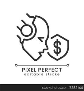 AI protects pixel perfect linear icon. Credit card fraud detection. Artificial intelligence solution. Bank security. Thin line illustration. Contour symbol. Vector outline drawing. Editable stroke. AI protects pixel perfect linear icon