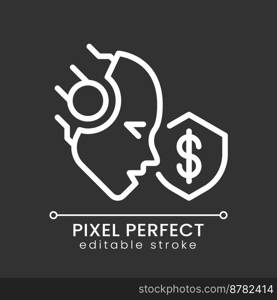 AI protects pixel perfect white linear icon for dark theme. Credit card fraud detection. Artificial intelligence solution. Thin line illustration. Isolated symbol for night mode. Editable stroke. AI protects pixel perfect white linear icon for dark theme