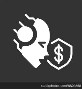 AI protects white linear glyph icon for night mode. Credit card fraud detection. Bank security. Negative space silhouette symbol on dark theme background. Solid pictogram. Vector isolated illustration. AI protects white linear glyph icon for night mode