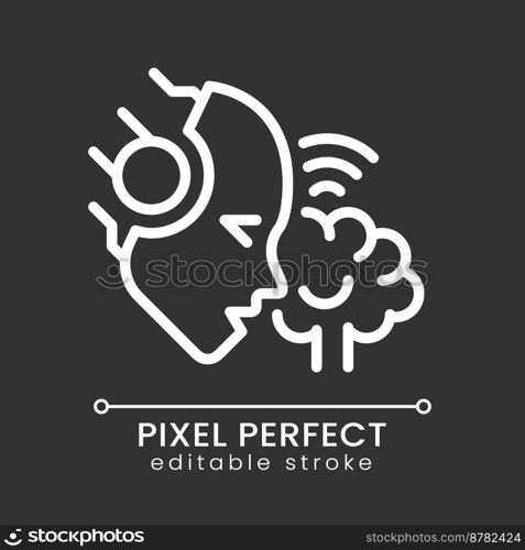 AI reads minds pixel perfect white linear icon for dark theme. Interpret brain signals. Artificially intelligent. Thin line illustration. Isolated symbol for night mode. Editable stroke. AI reads minds pixel perfect white linear icon for dark theme