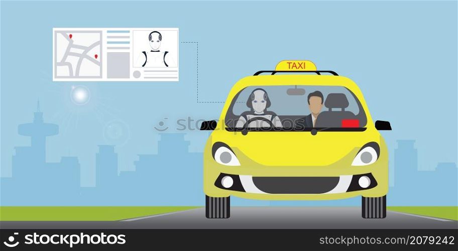 AI robot driving a taxi in the city street. AI robot , Artificial Intelligence computer machine instead human driver, Vector illustration.