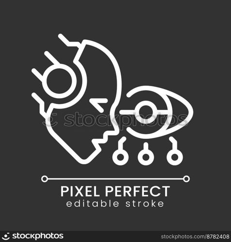 AI see pixel perfect white linear icon for dark theme. Machine vision. Artificial intelligence. Images recognition. Thin line illustration. Isolated symbol for night mode. Editable stroke. AI see pixel perfect white linear icon for dark theme