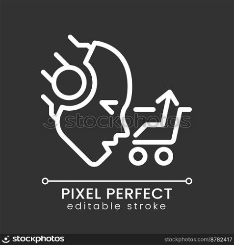 AI sells pixel perfect white linear icon for dark theme. Customer tracking system. Virtual shopping cart. Retail business. Thin line illustration. Isolated symbol for night mode. Editable stroke. AI sells pixel perfect white linear icon for dark theme