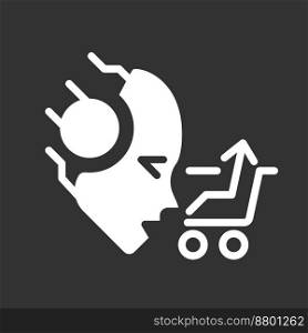 AI sells white linear glyph icon for night mode. Virtual shopping cart. Retail business. Negative space silhouette symbol on dark theme background. Solid pictogram. Vector isolated illustration. AI sells white linear glyph icon for night mode