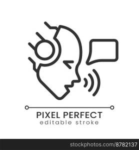 AI speaks pixel perfect linear icon. Artificial intelligence technology. Voice assistant. Speech patterns. Thin line illustration. Contour symbol. Vector outline drawing. Editable stroke. AI speaks pixel perfect linear icon