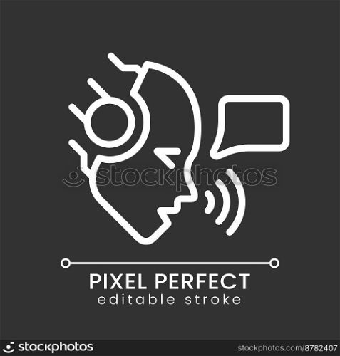 AI speaks pixel perfect white linear icon for dark theme. Artificial intelligence. Voice assistant. Speech patterns. Thin line illustration. Isolated symbol for night mode. Editable stroke. AI speaks pixel perfect white linear icon for dark theme