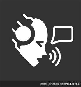 AI speaks white linear glyph icon for night mode. Voice assistant. Speech patterns. Negative space silhouette symbol on dark theme background. Solid pictogram. Vector isolated illustration. AI speaks white linear glyph icon for night mode