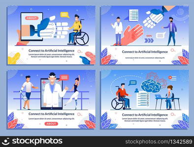 AI Support for Disabled Patient Medical Banner Set. Cartoon People Characters in Wheelchair Received Bionic Leg, Hand Prostheses. Rehabilitation after Injure, Amputation. Vector Flat Illustration. AI Support for Disabled Patient Medical Banner Set