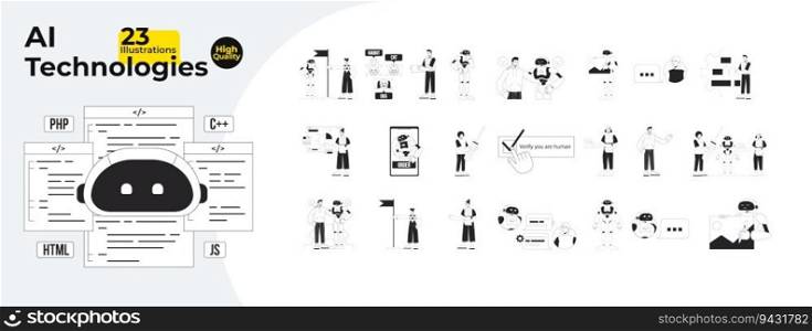 AI technologies bw concept vector spot illustrations bundle. Automation. People and robot 2D cartoon flat line monochromatic characters for web UI design. Editable hero image collection. AI technologies bw concept vector spot illustrations bundle