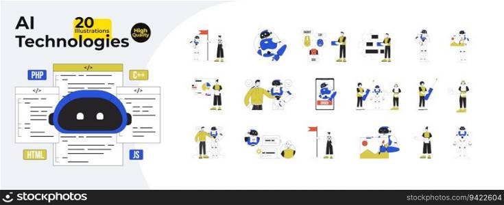 AI technologies flat line concept vector spot illustrations bundle. People and robot 2D cartoon characters on white for web UI design. Modern technologies. Editable hero image collection. AI technologies flat line concept vector spot illustrations bundle