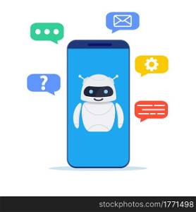 AI technology, smart chat bot. Chatbot ai and customer service concept. Customer support. Helping. Vector illustration in flat style. AI technology, smart chat bot.