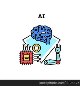 Ai Technology Vector Icon Concept. Ai Technology Microprocessor Of Robotic Arm And Digital Brain, Artificial Intelligent Innovative Tech Of Future. Cyborg Machine Color Illustration. Ai Technology Vector Concept Color Illustration