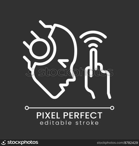 AI touches pixel perfect white linear icon for dark theme. Artificial intelligence tactile development. Sensor usage. Thin line illustration. Isolated symbol for night mode. Editable stroke. AI touches pixel perfect white linear icon for dark theme