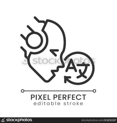 AI translates pixel perfect linear icon. Read signs in foreign language. Speech recognition. Neural network model. Thin line illustration. Contour symbol. Vector outline drawing. Editable stroke. AI translates pixel perfect linear icon