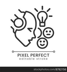 AI understands emotions pixel perfect linear icon. Facial expressions analysis. Neural network. Affective computing. Thin line illustration. Contour symbol. Vector outline drawing. Editable stroke. AI understands emotions pixel perfect linear icon