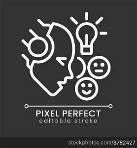 AI understands emotions pixel perfect white linear icon for dark theme. Facial expressions analysis. Affective computing. Thin line illustration. Isolated symbol for night mode. Editable stroke. AI understands emotions pixel perfect white linear icon for dark theme
