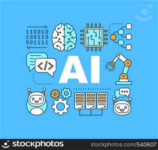 AI word concepts banner. Artificial intelligence. IT technology. Isolated lettering typography idea with linear icons. Chatbot. Vector outline illustration. AI word concepts banner
