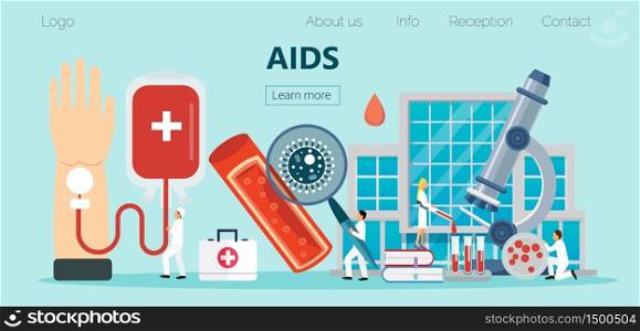 AIDS and HIV health care concept vector for landing page. Tiny doctors check donor blood and looks at the virus through a microscope and magnifying glass. Experts found immunodeficiency virus.. AIDS and HIV health care concept vector for landing page. Tiny doctors check donor blood