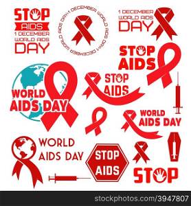 AIDS vector badges collection.Stop AIDS signs. AIDS red ribbon. AIDS logo template. World AIDS day - 1 December.