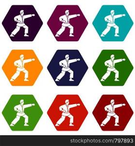 Aikido fighter icon set many color hexahedron isolated on white vector illustration. Aikido fighter icon set color hexahedron