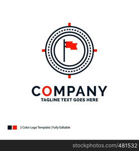 Aim, business, deadline, flag, focus Logo Design. Blue and Orange Brand Name Design. Place for Tagline. Business Logo template.